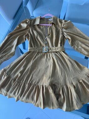 Gold Metallic Belted Puff-Sleeve Dress with Rhinestone Buckle and Buttons